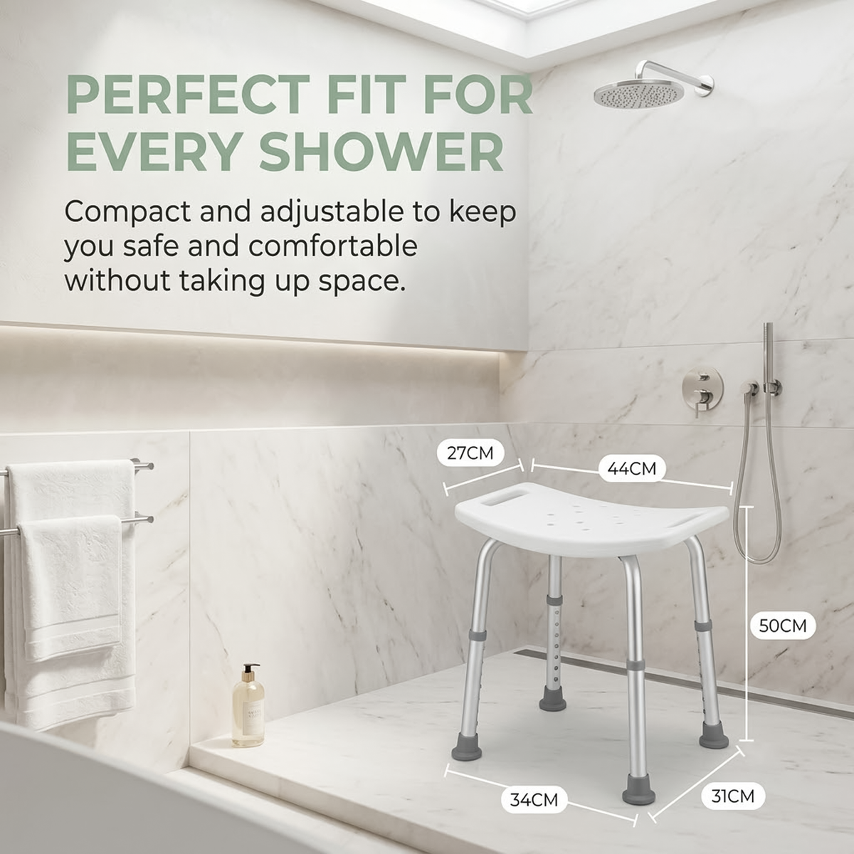 Height adjustable shower stool for elderly and disabled