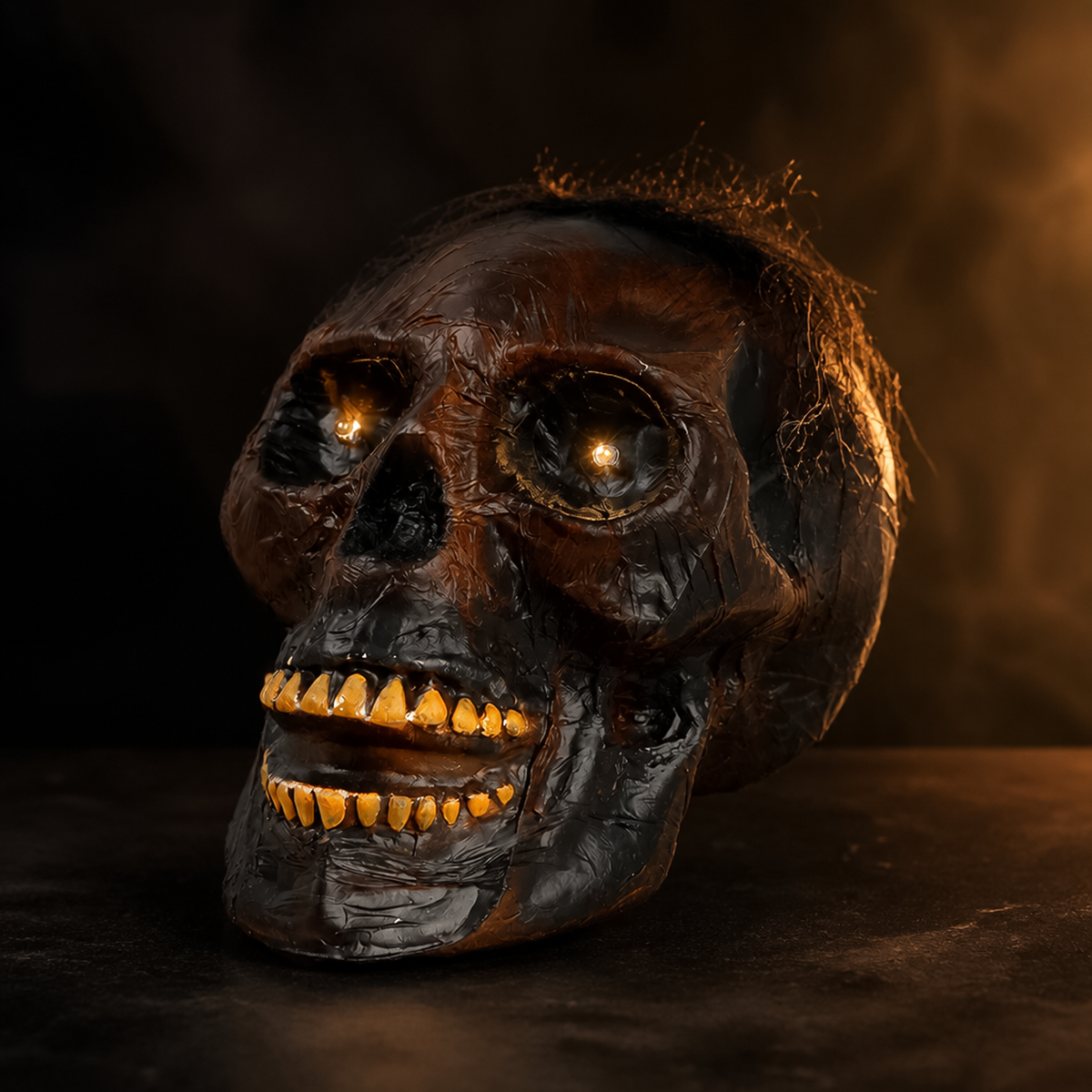 Close-up of light up skull halloween decoration displaying illuminated eye sockets and wispy synthetic hair against dark smoke.
