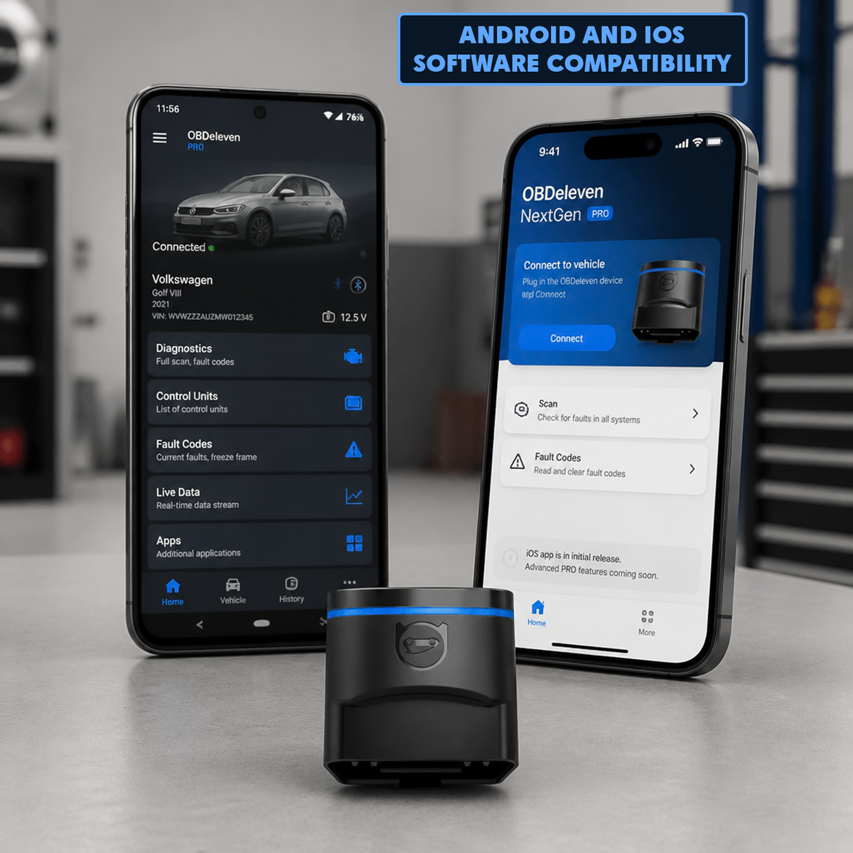 Bluetooth OBD2 car scanner connected to iOS iPhone and Android smartphones for vehicle diagnostics and live data