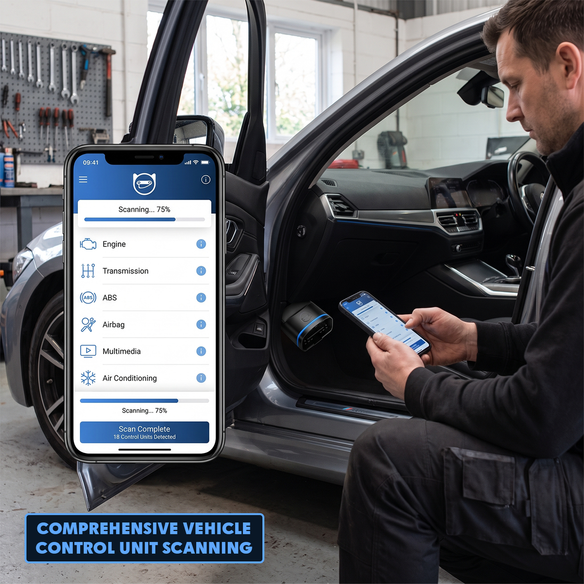 Mechanic performing full vehicle control unit scan using wireless Bluetooth OBD2 scanner in workshop