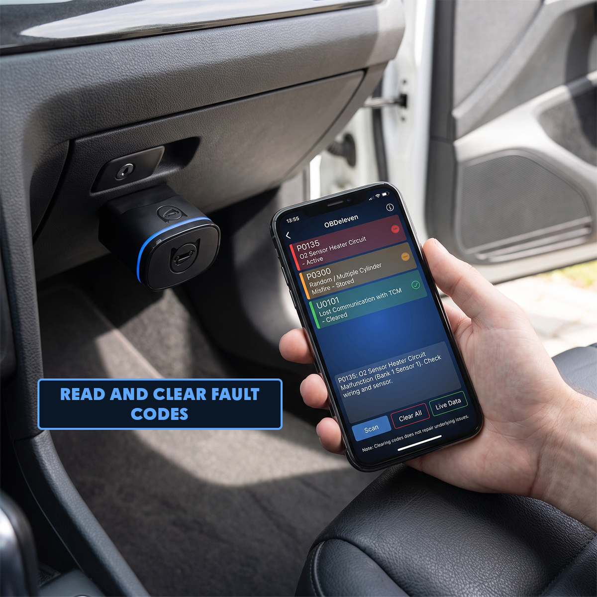 Driver reading and clearing active engine fault codes on smartphone using plugged-in Bluetooth OBD2 scanner
