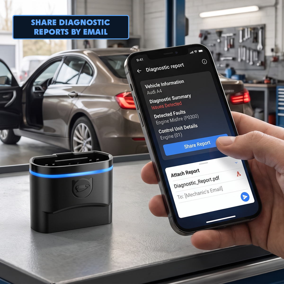 Sharing car diagnostic fault report PDF via email on smartphone using Bluetooth OBD2 scanner