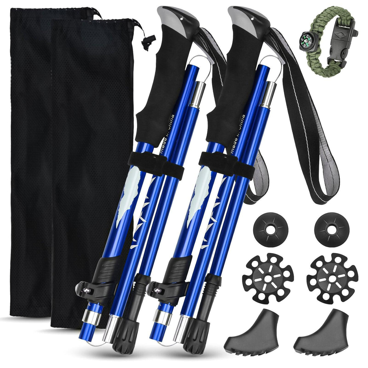 Collapsible Trekking Pole - Folding Hiking Pole With Multifunctional Compass Paracord Bracelet