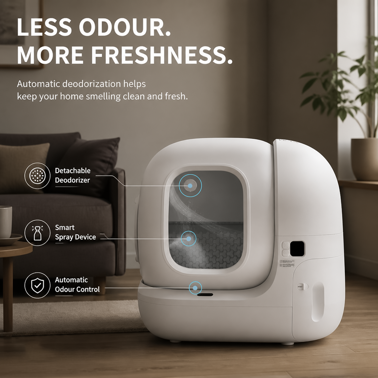 Infographic detailing detachable deodoriser, smart spray device, and automatic odour control. 