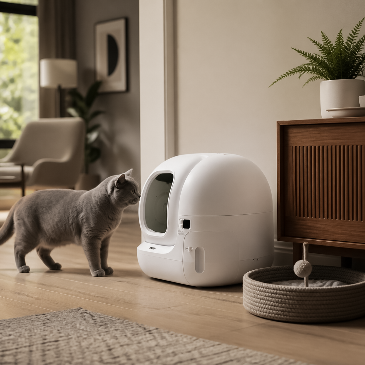 British Shorthair cat stepping towards the spacious entrance of the automatic cat toilet.
