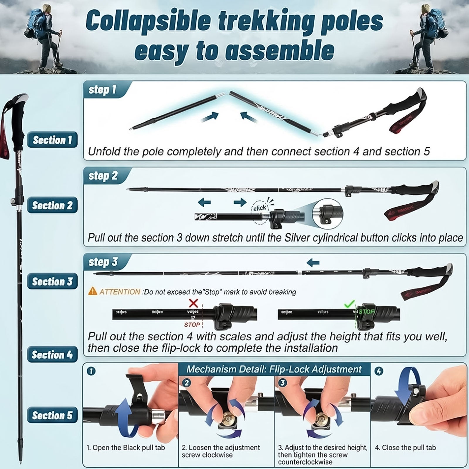 Portable trekking pole for mountain climbing and walking