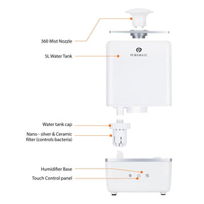 Air Humidifier for Room - 5L Ultrasonic Cool & Hot Mist Humidifier Ioniser & Aroma Diffuser