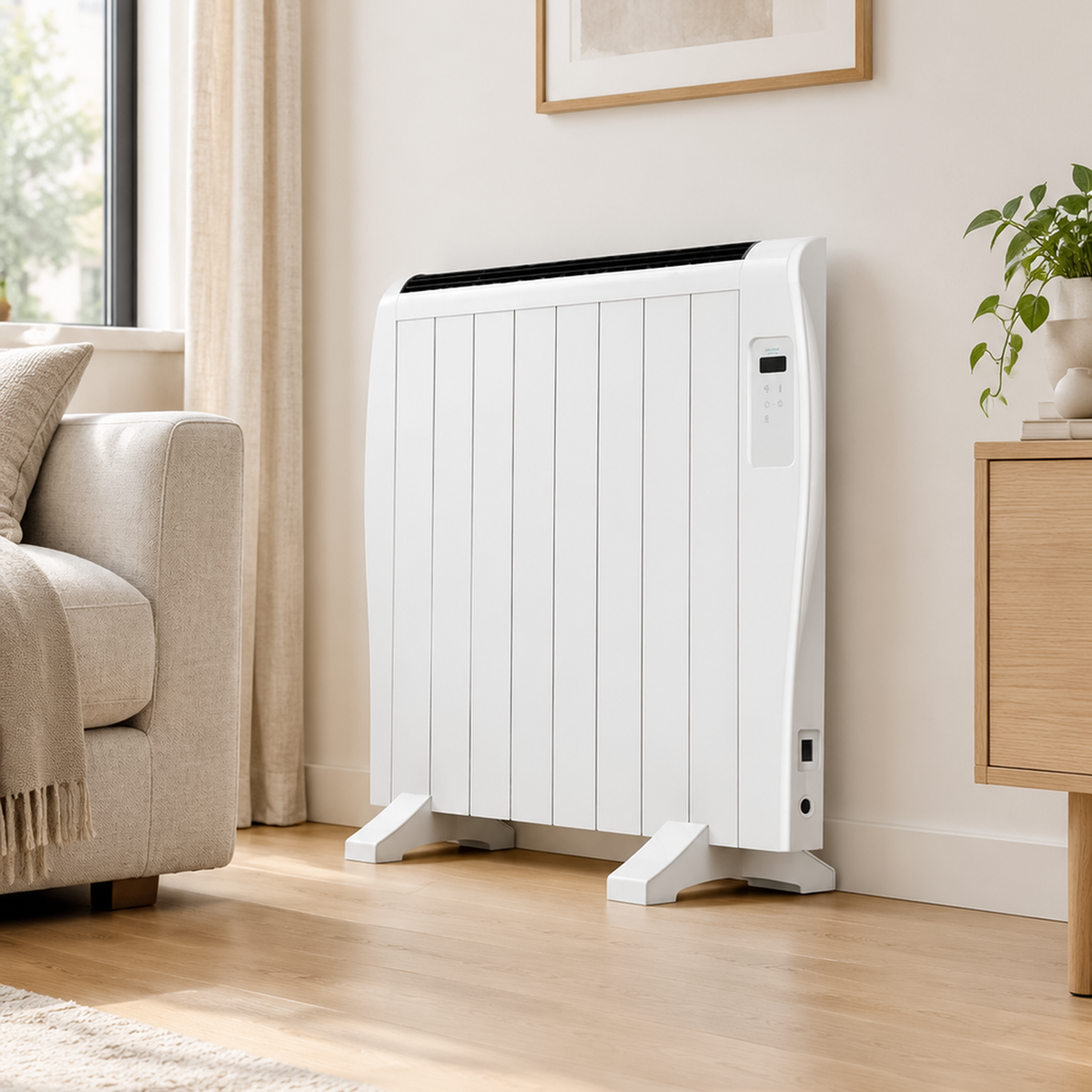 Slimline white electric thermal radiator support foot, power switch and cable entry.