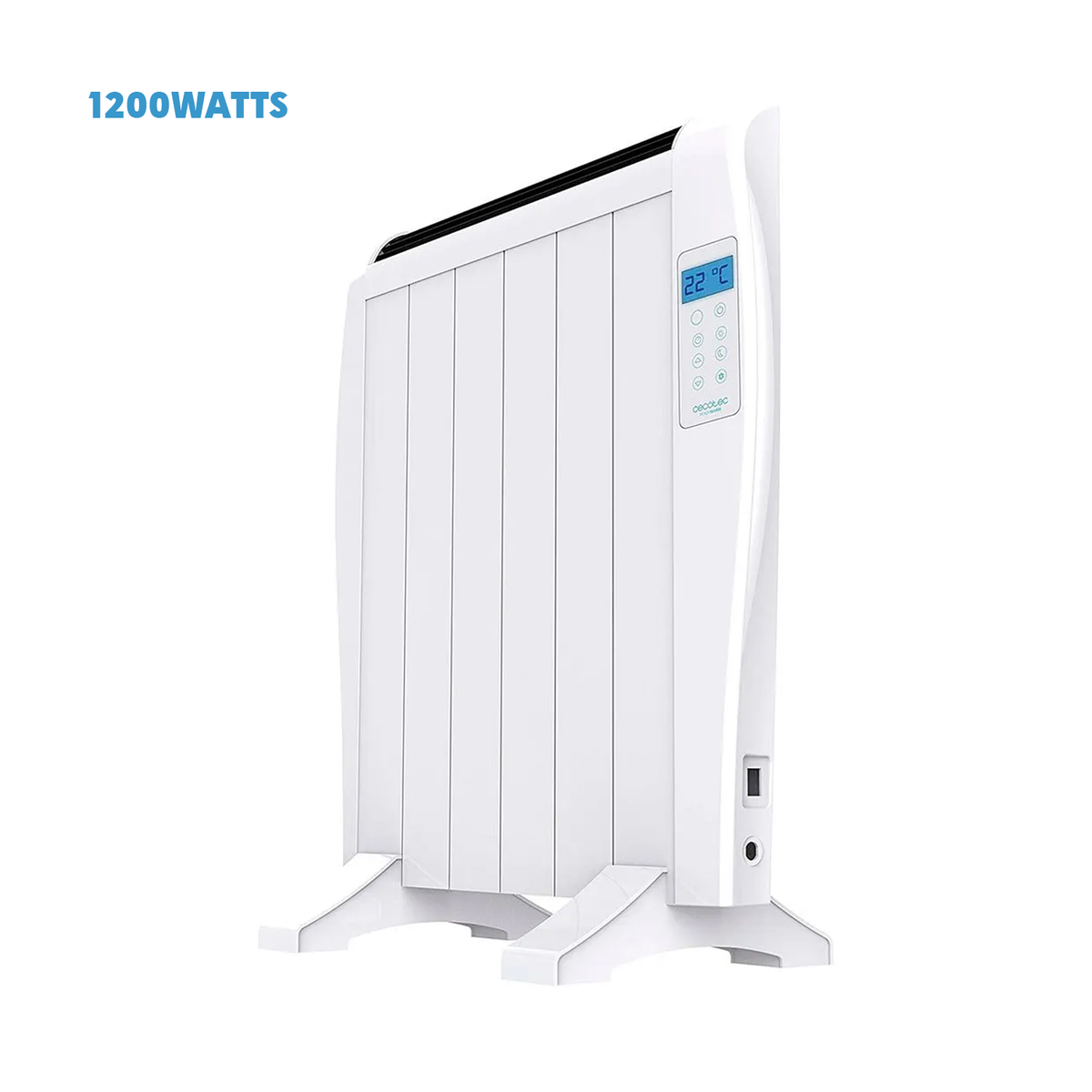 White 1200W 6-element electric thermal radiator with blue digital display on white background. 