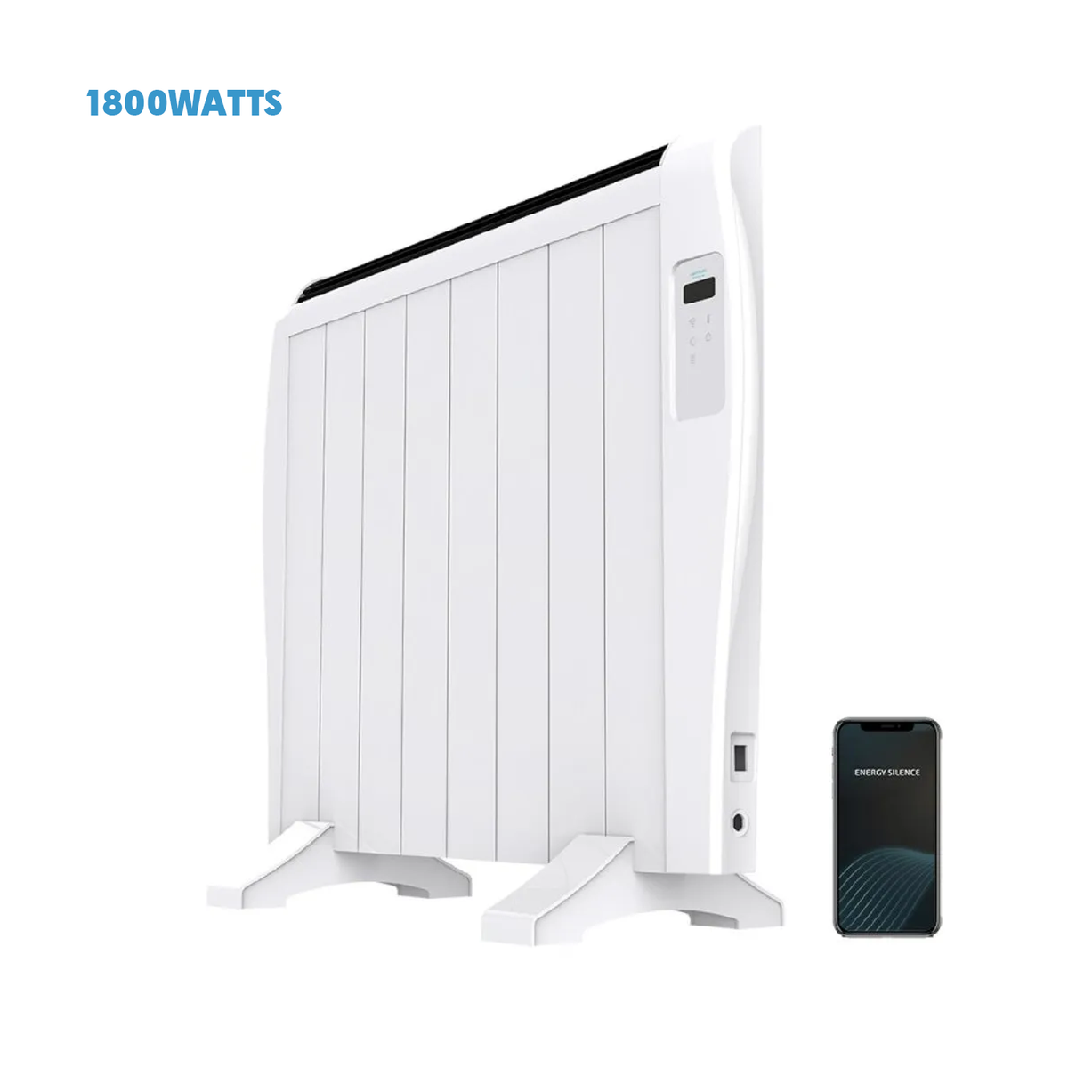 White 1800W 8-element electric thermal radiator with smartphone app control display. 