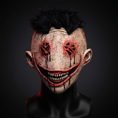 Front view of creepy smile halloween ask with bloody stitched eyes and black synthetic hair