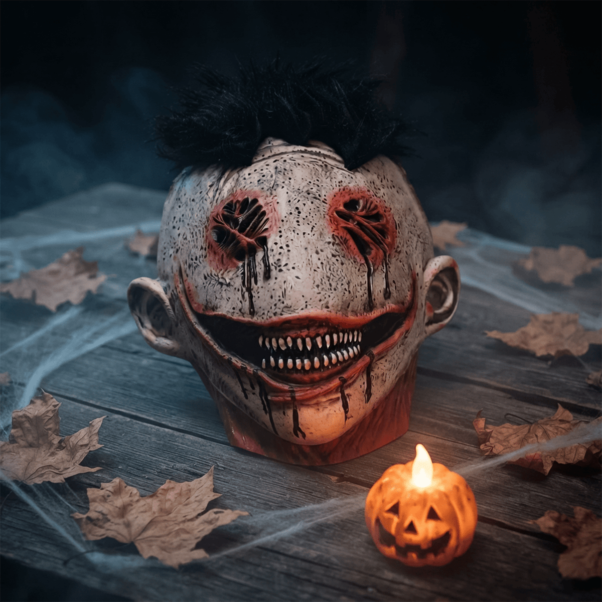 Creepy smile halloween mask resting on rustic wooden table with lit pumpkin hair.