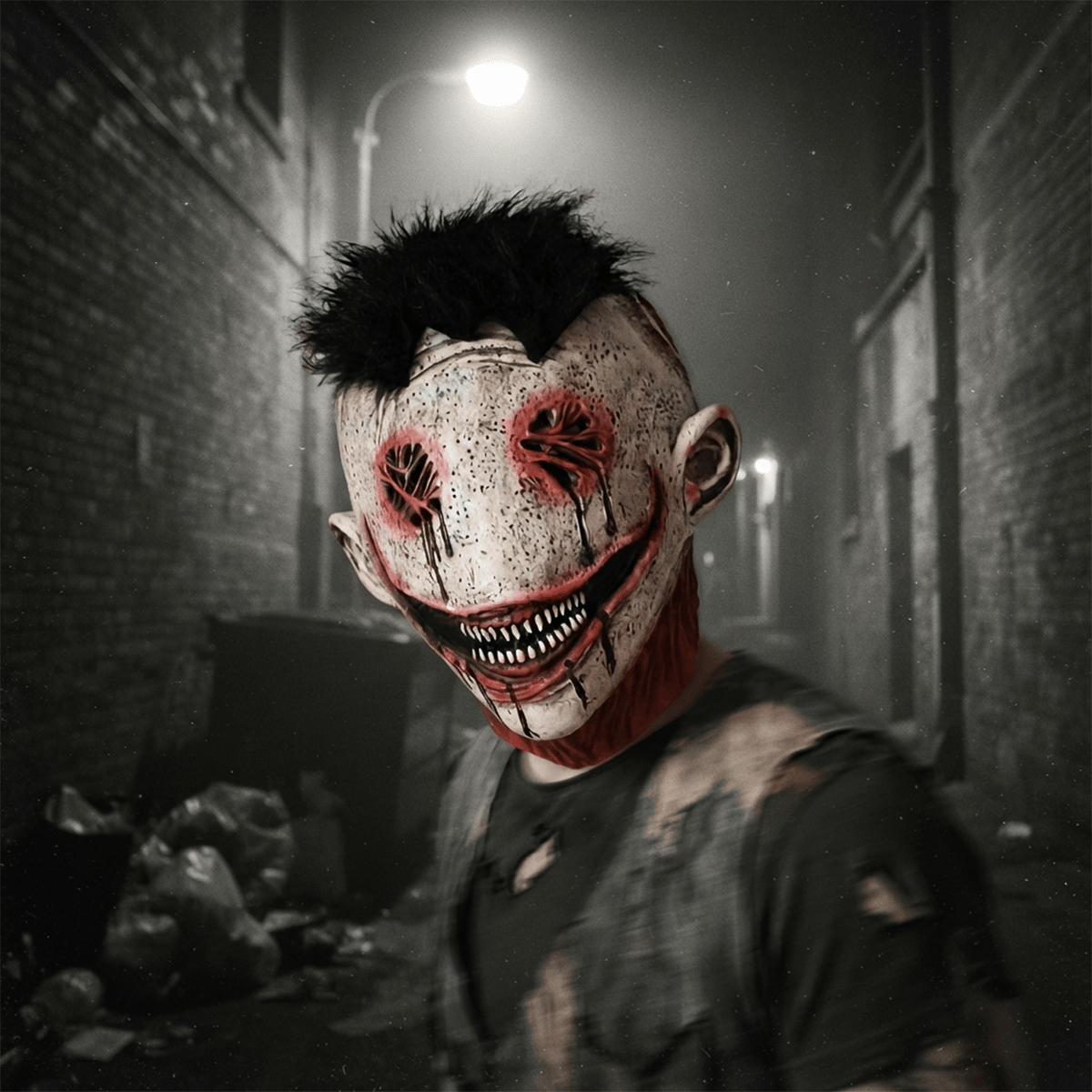 Dark alley night scene showing wearer in creepy smile halloween mask with distressed shirt.