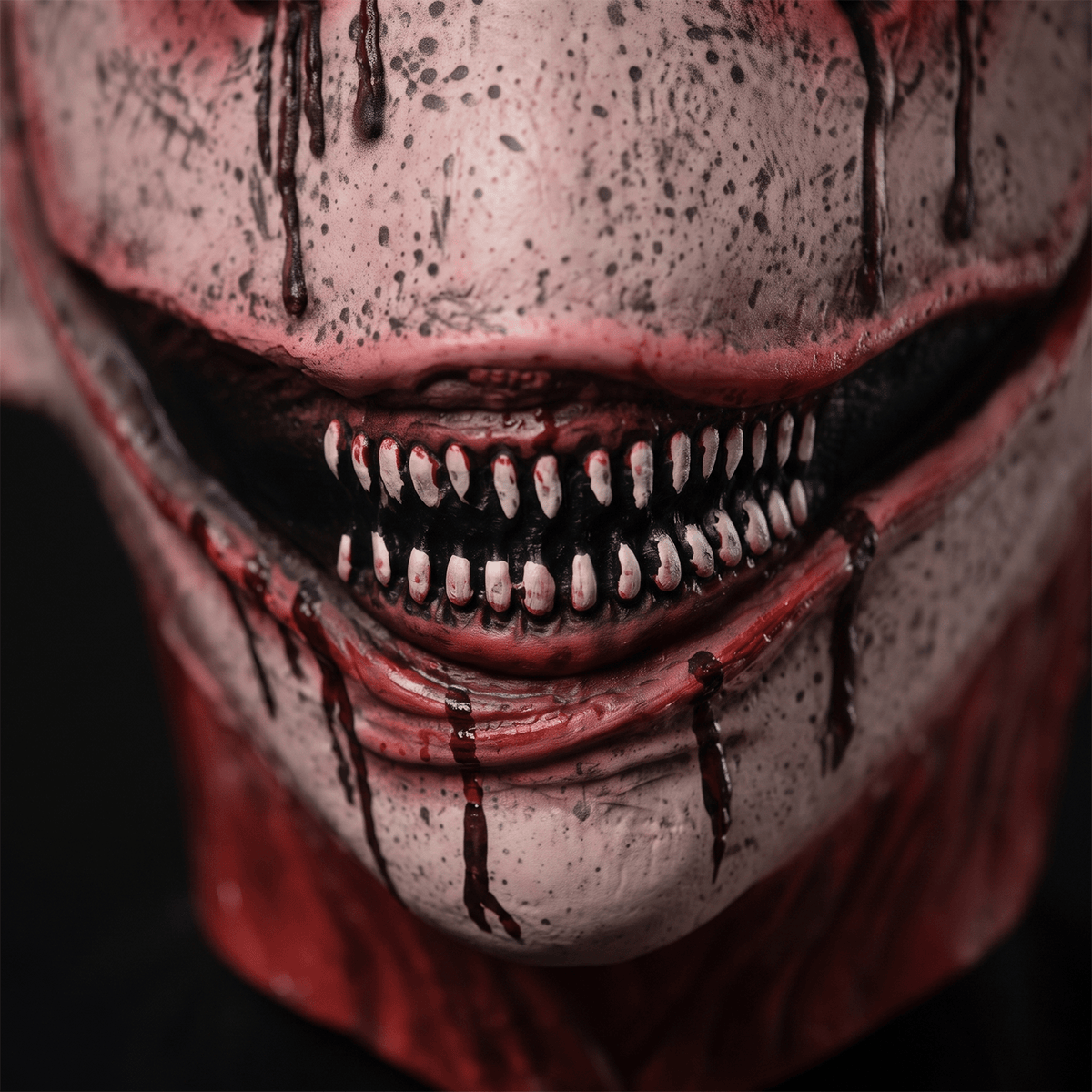 Macro close up of jagged bloody teeth and mouth detail on creepy smile halloween mask.