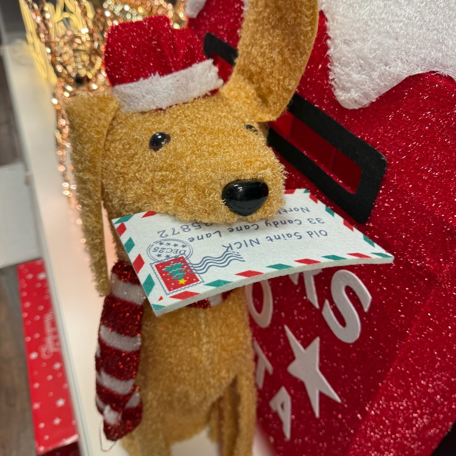 Red Christmas post box with warm white lights