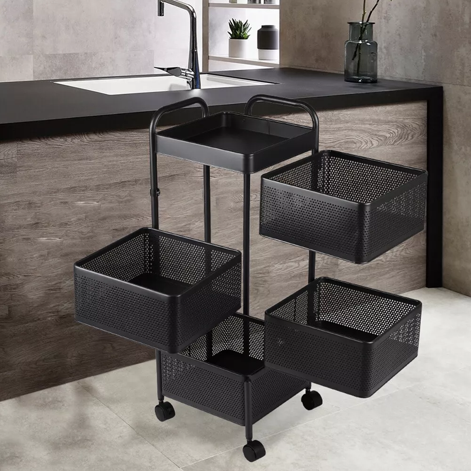 Rolling kitchen rack for fruit and vegetables