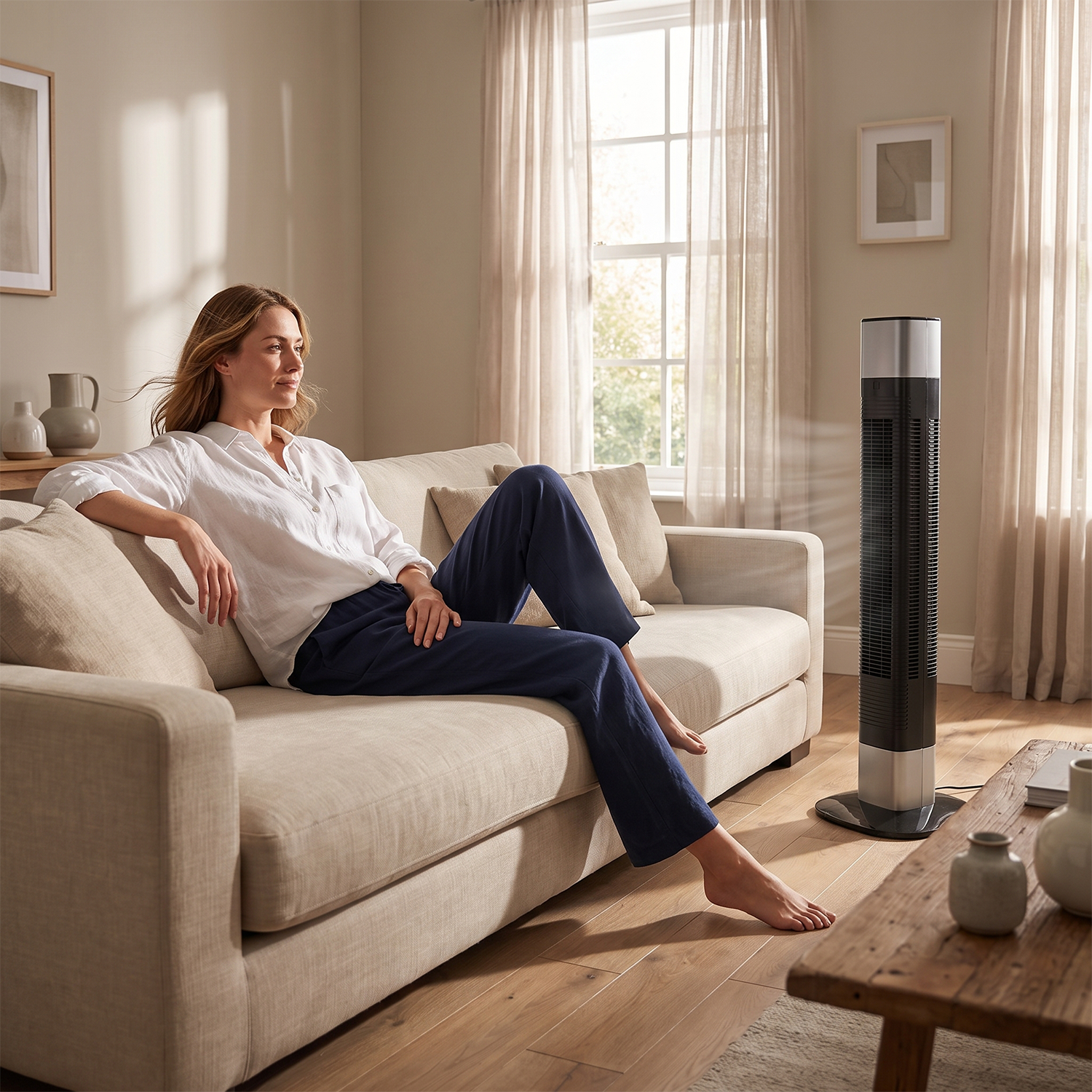 Woman relaxing on beige sofa enjoying cool breeze from tall bladeless tower fan