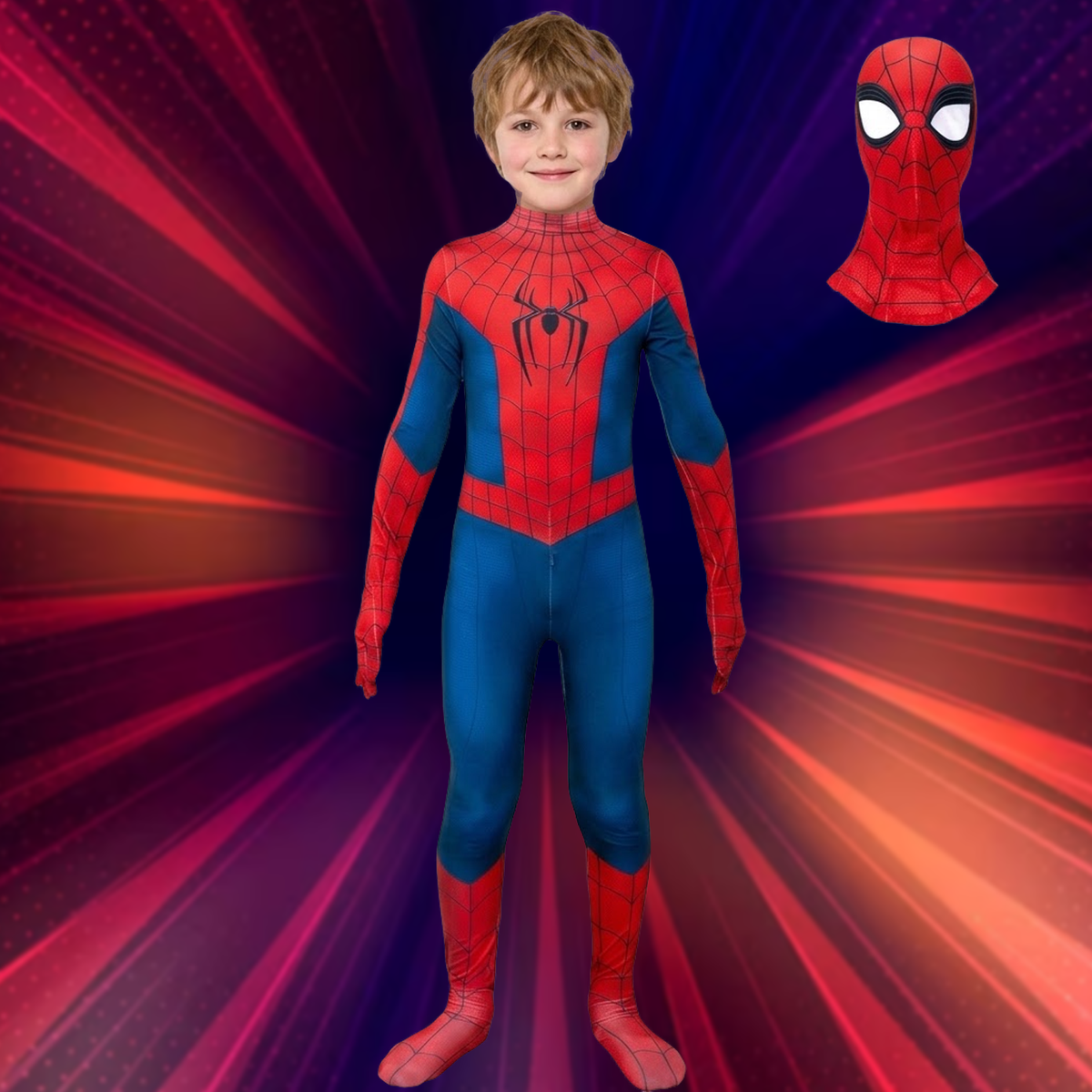 Smiling boy wearing kids spiderman costume next to detached mask graphic.