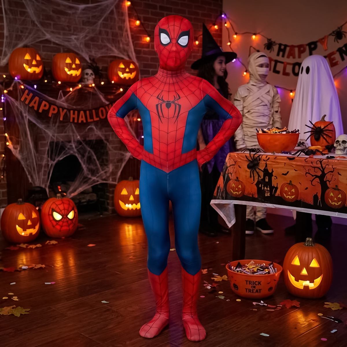 Child wearing kids spiderman costume standing beside Halloween party sweets table.