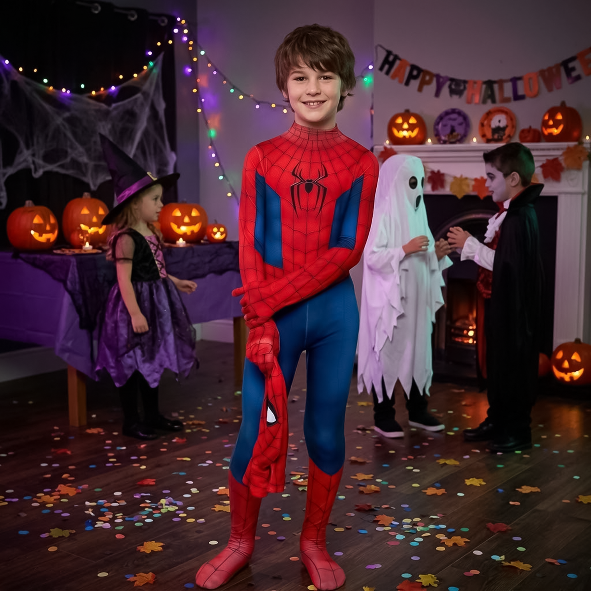 Young boy holding detachable cowl mask while wearing kids spiderman costume. 
