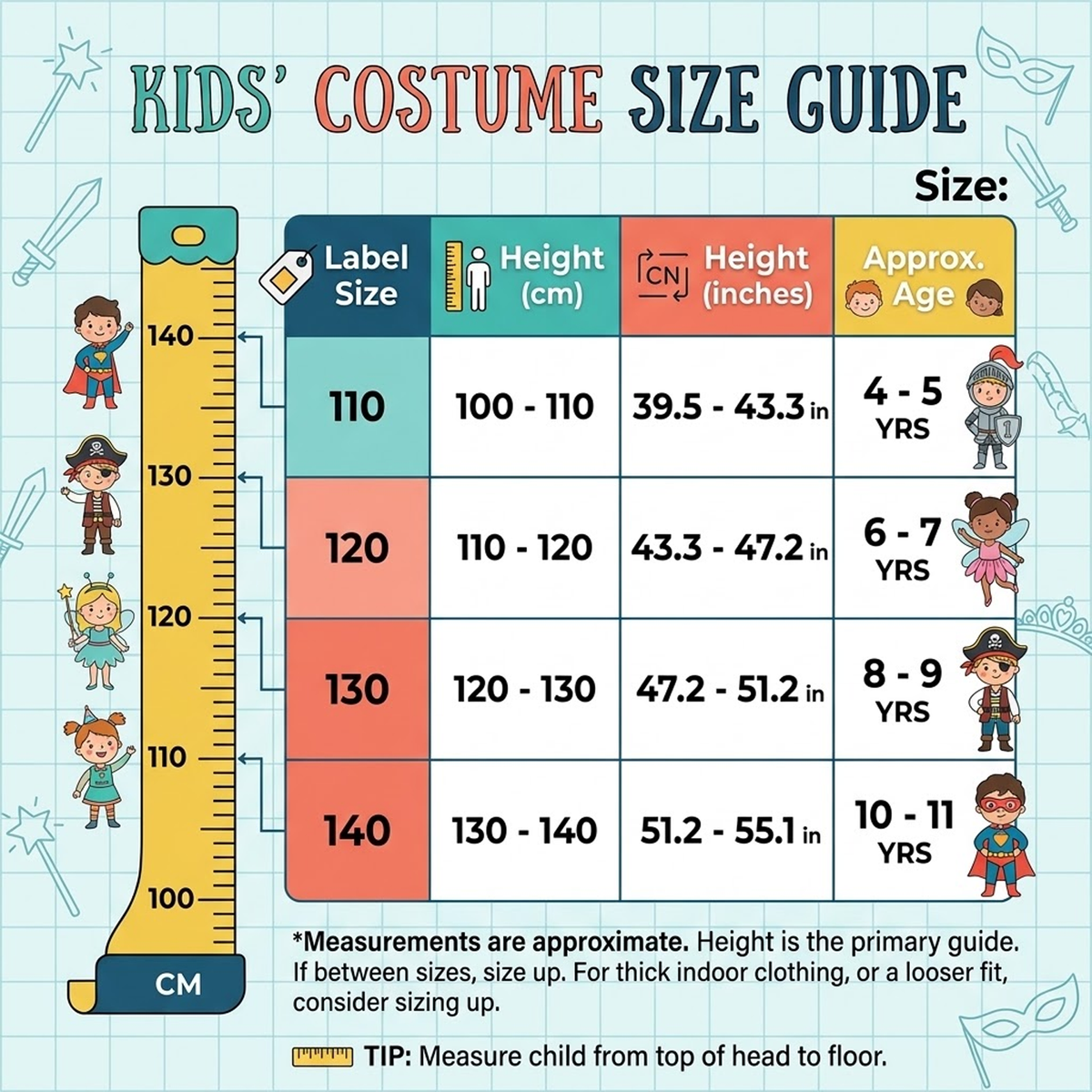 Height measurement and age guide chart for kids spiderman costume 