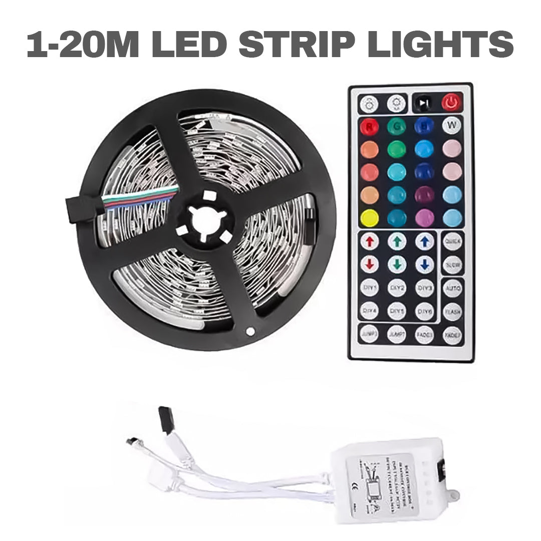 RGB LED Strip Light - 1-20M LED Strip Lights 5050 RGB Colour Changing Tape Cabinet Kitchen TV Lighting