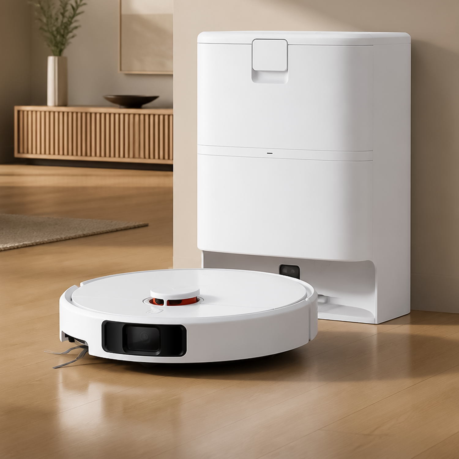 White smart robot vacuum cleaner resting beside its automatic empty base station on wood flooring