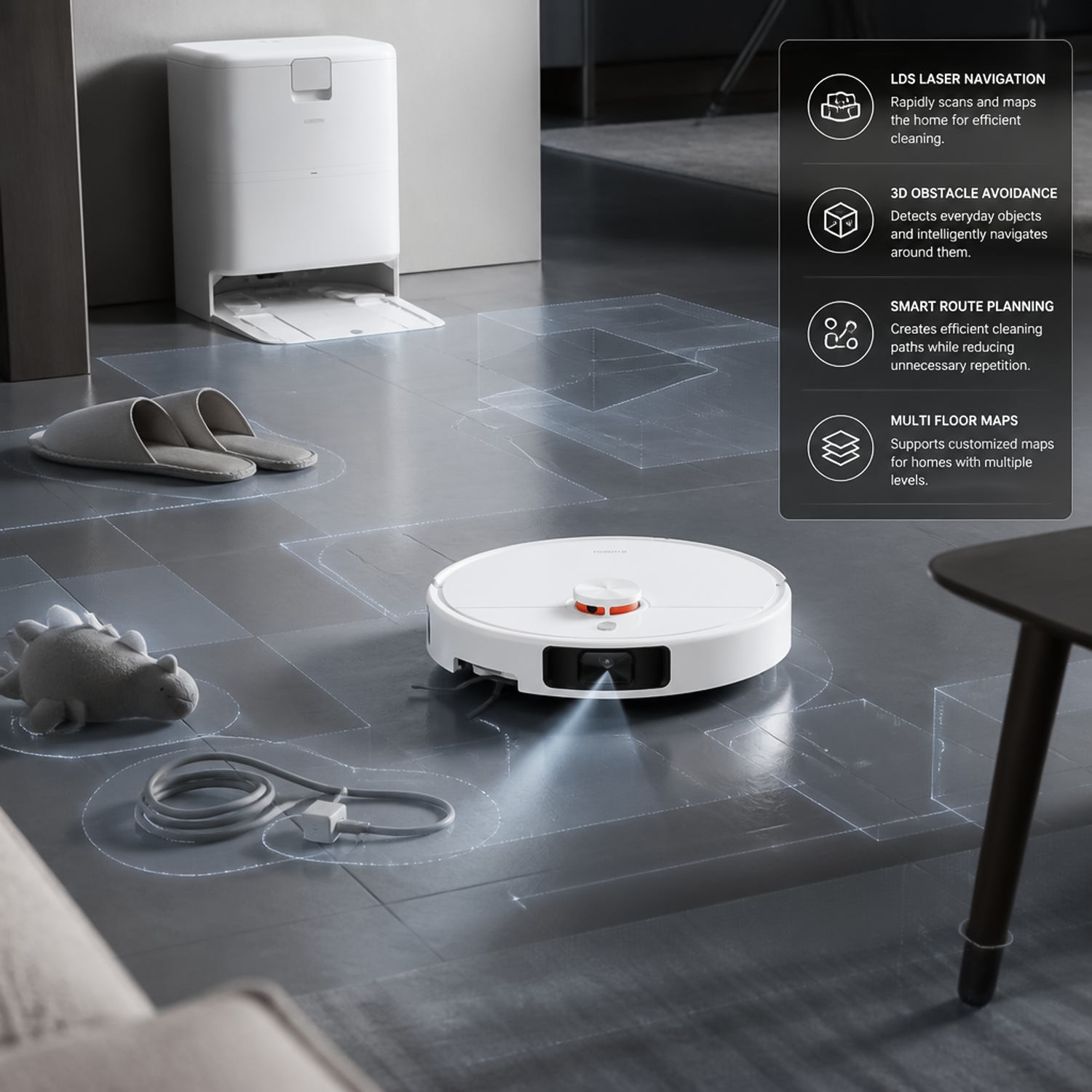 Robot vacuum scanning floor layout to avoid slippers, power cables, and toys with 3D sensors