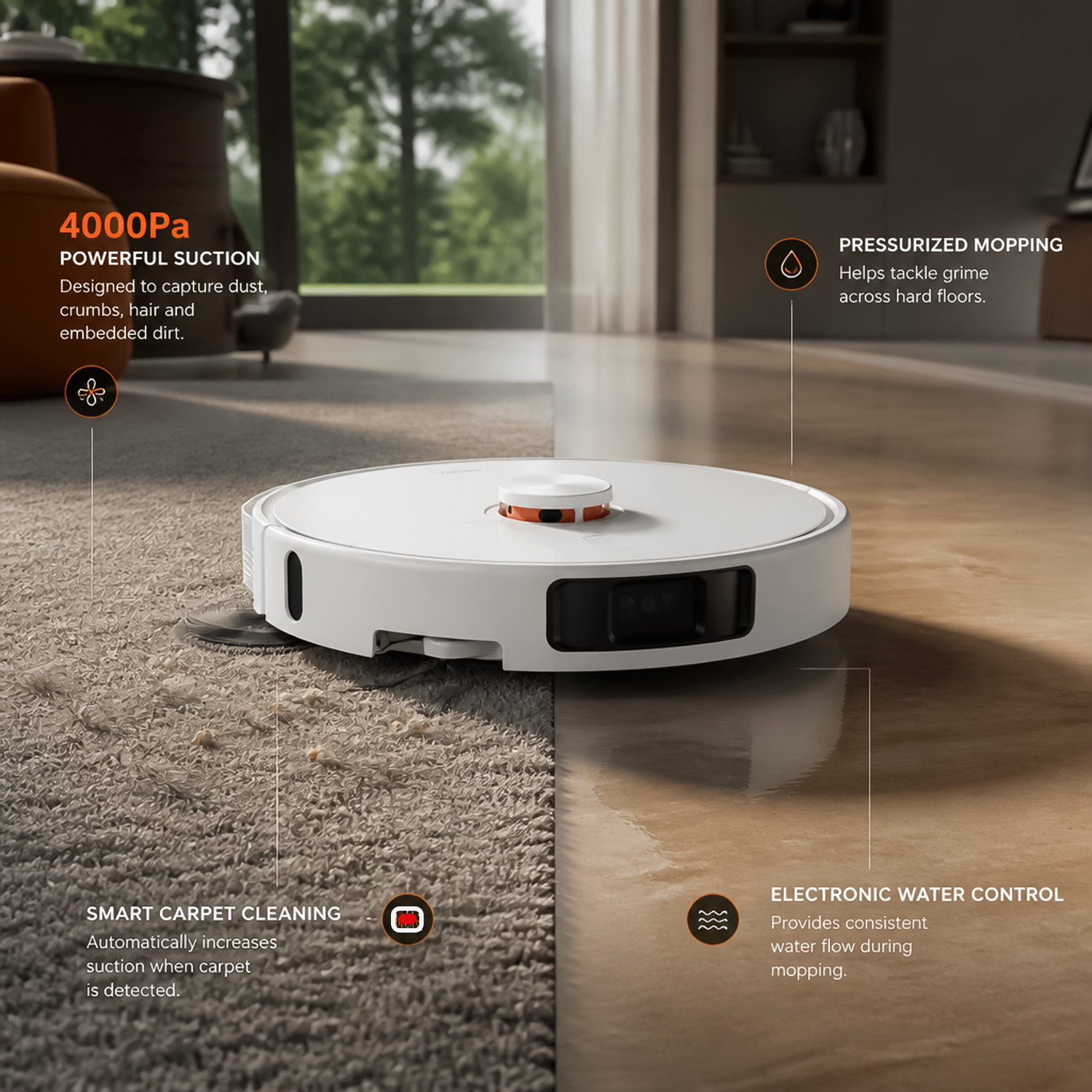 Dual cleaning action demonstrating 4000Pa suction on carpet alongside pressurized wet mopping on hard flooring