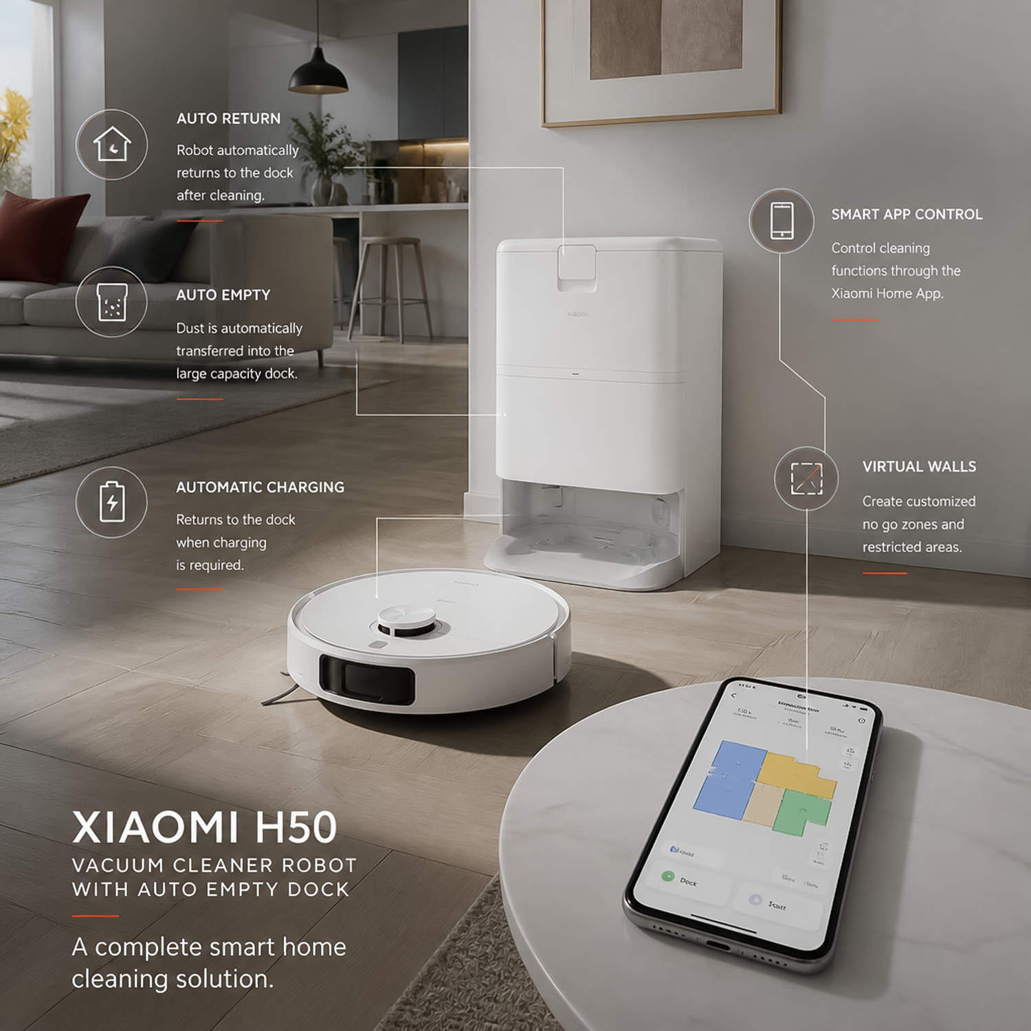 Smartphone displaying room mapping interface next to self-emptying smart robot vacuum cleaner