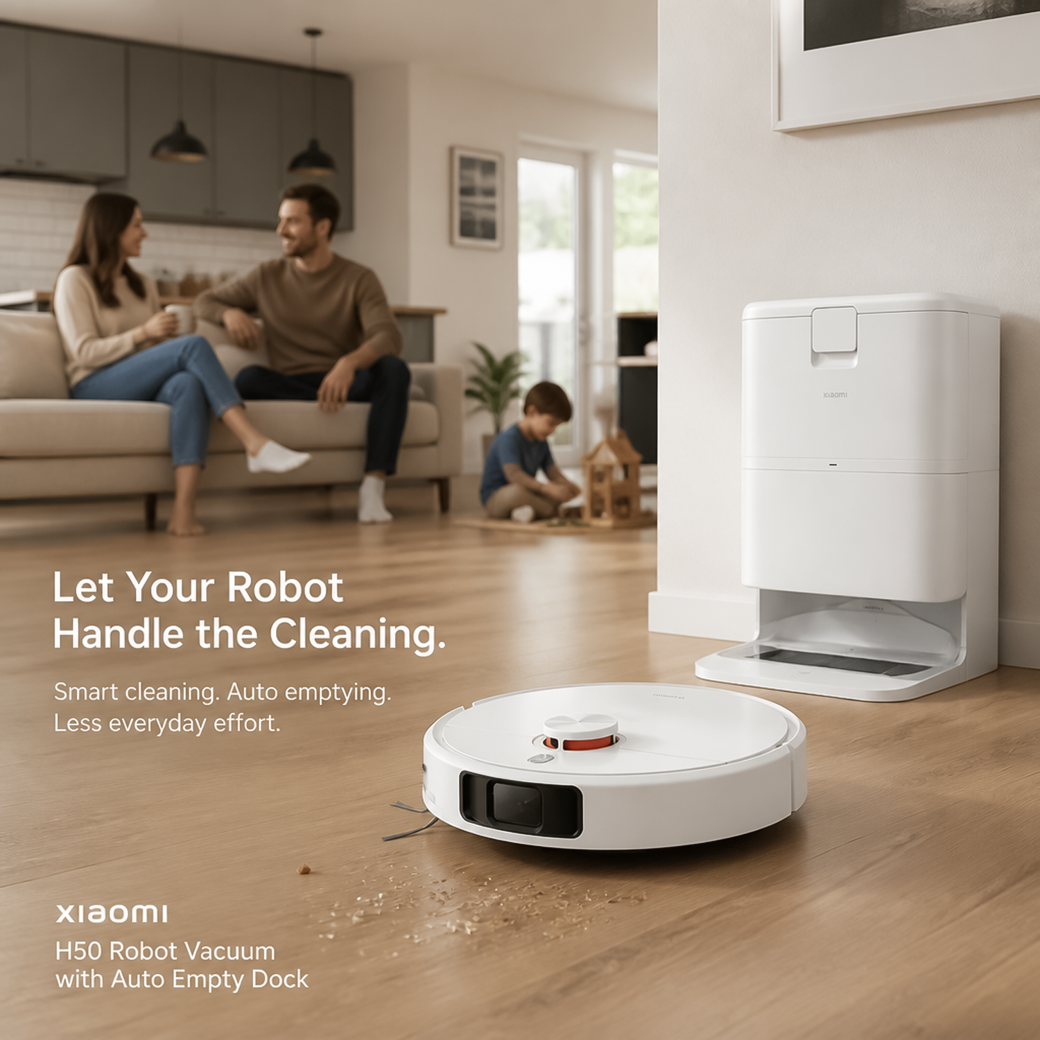 Family relaxing on sofa while white robot vacuum cleans crumbs from the living room floor