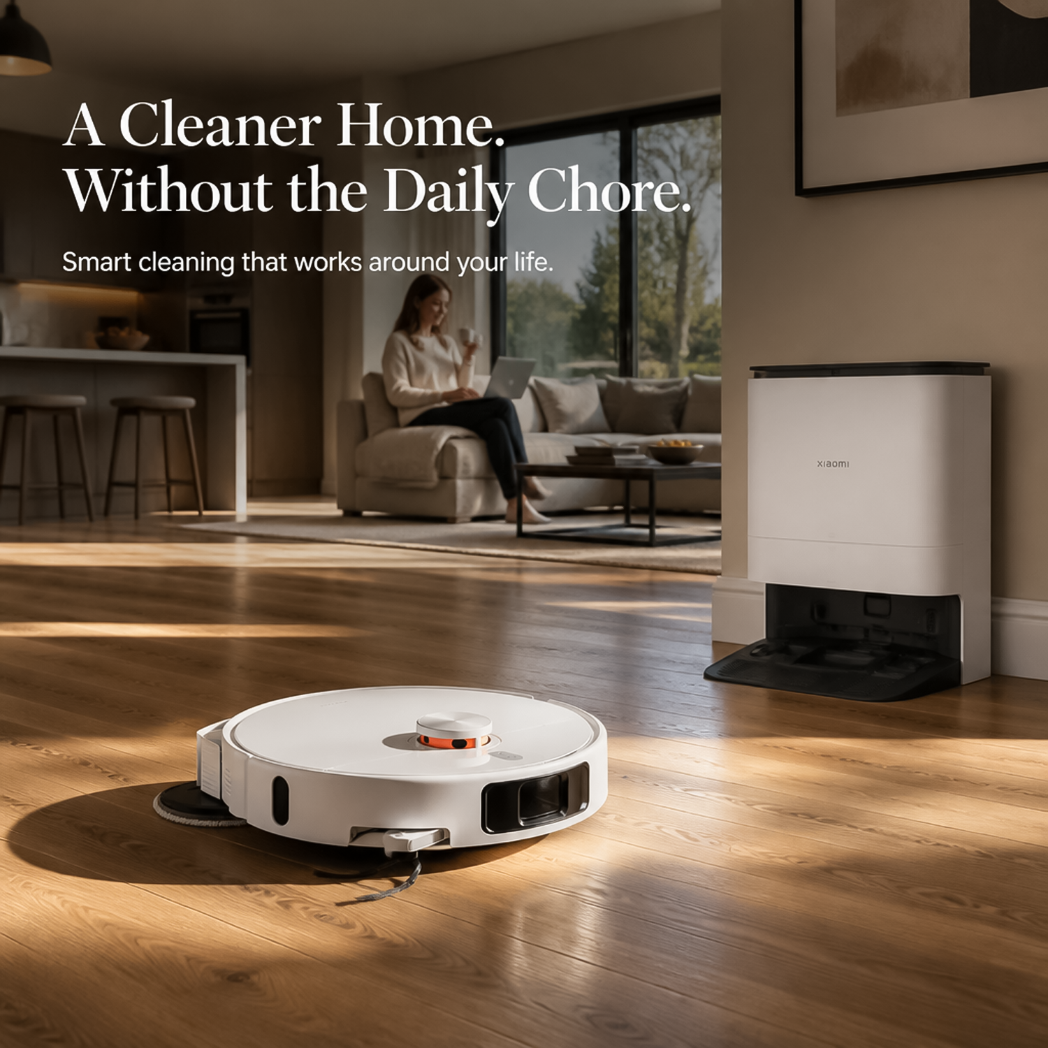 Woman working on laptop while automated robot cleaner sweeps and mops bright parquet flooring