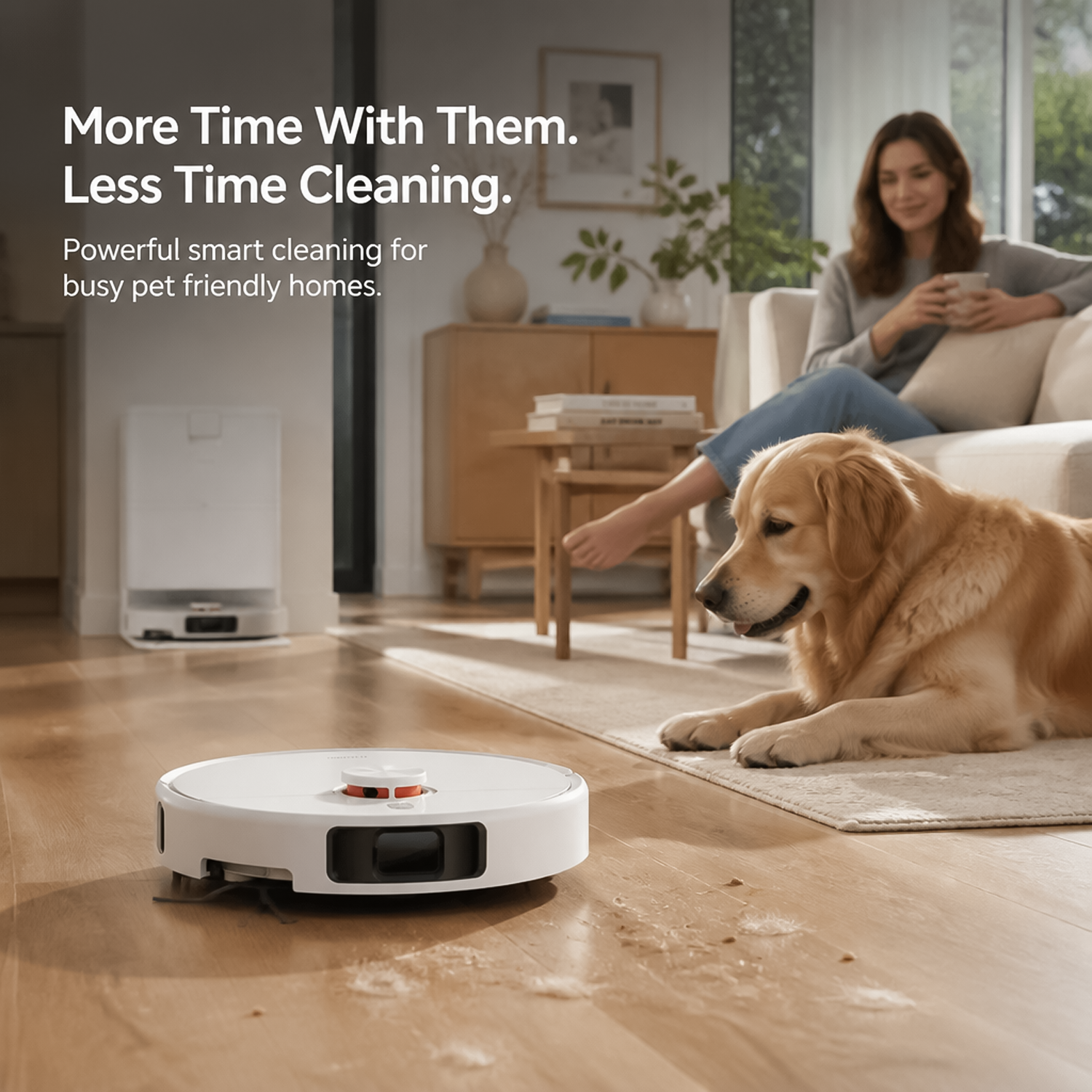 Golden retriever resting on rug as smart robot vacuum cleaner picks up pet hair and dust