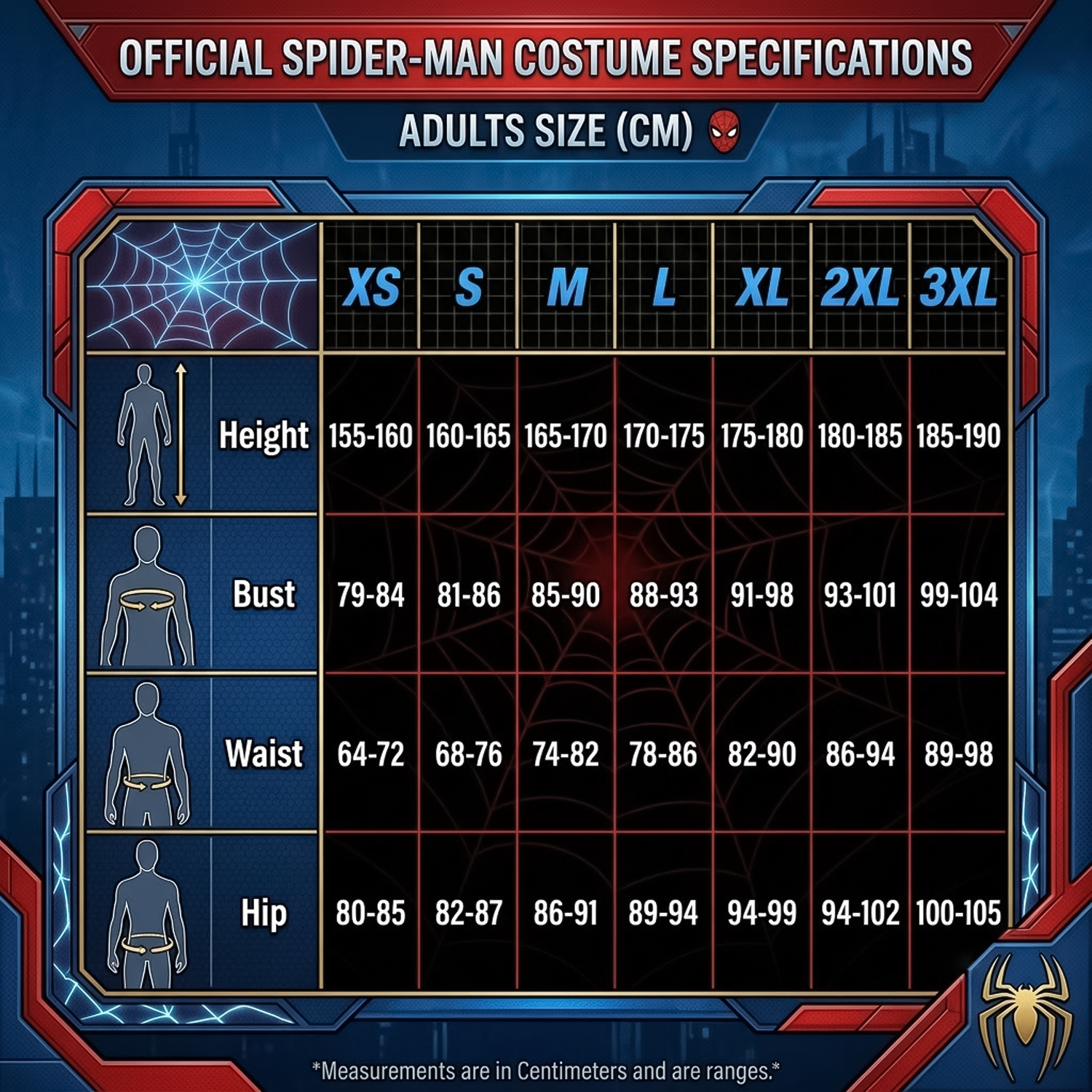 adult size chart for spider-man costume