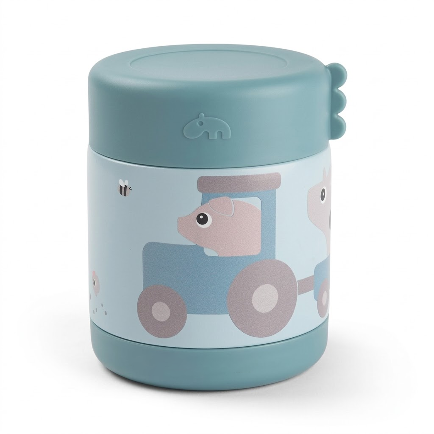 blue food container with animal doodles