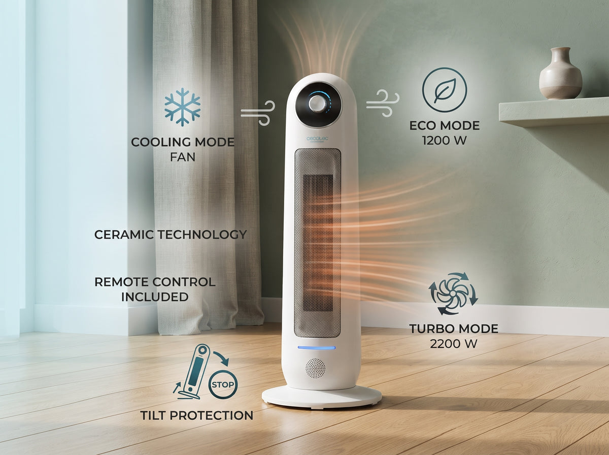 Diagram of oscillating ceramic tower heater showing cooling fan, eco mode, turbo and tilt protection. 