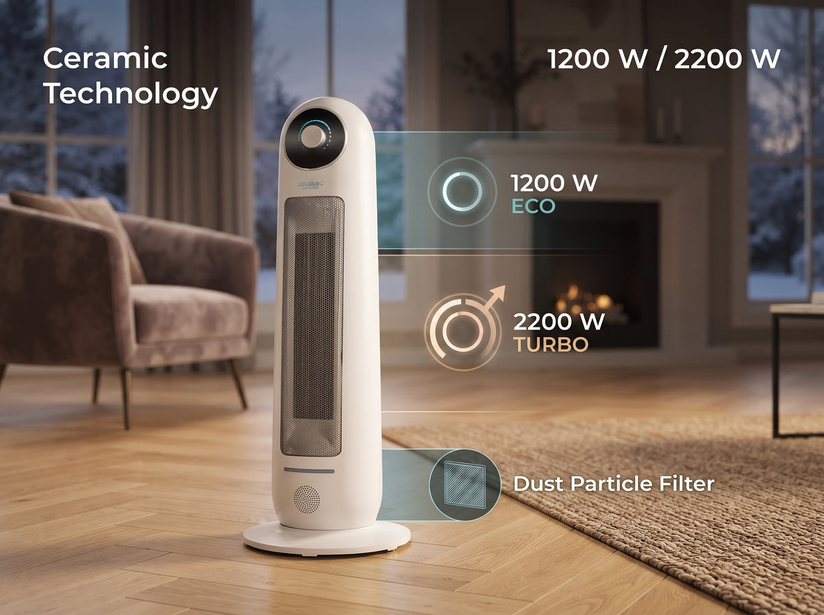 White ceramic tower heater standing in living room showing eco, turbo, and dust filter features. 