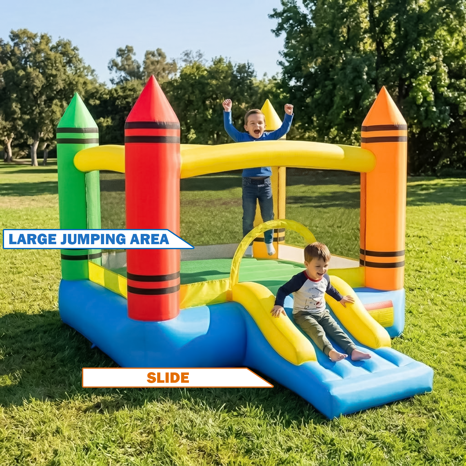 children playing inside bouncy castle