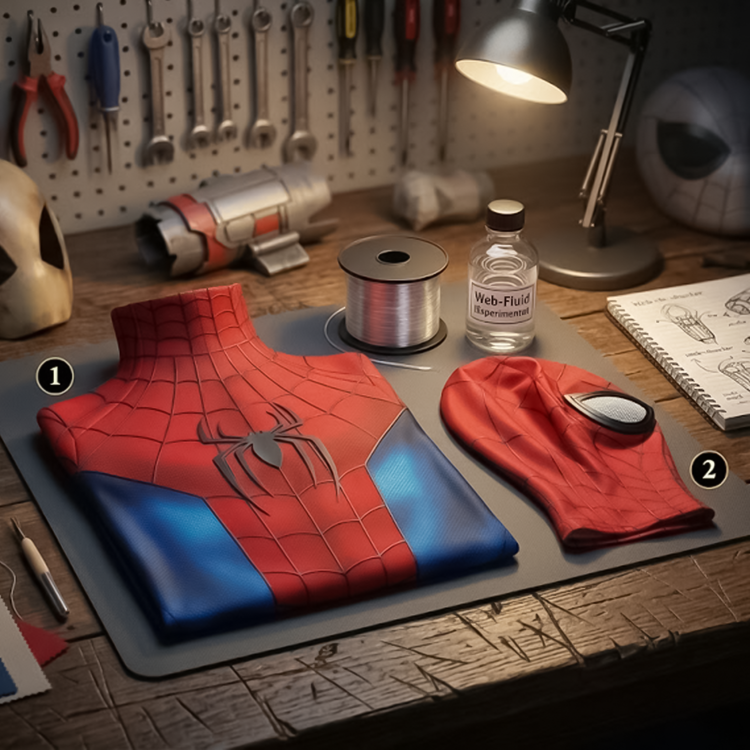 spider-man costume and mask on a table