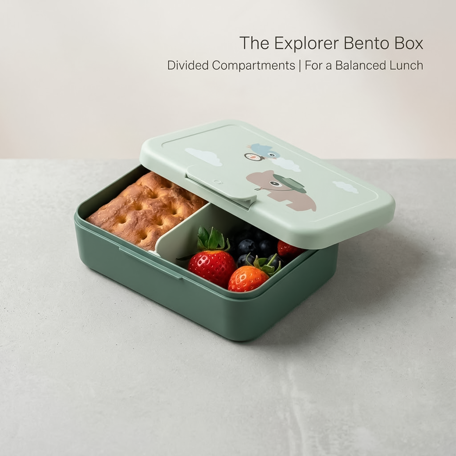 sandwich and fruits inside green lunch box