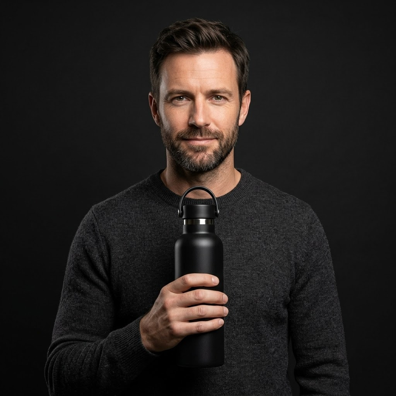 man holding black thermal bottle