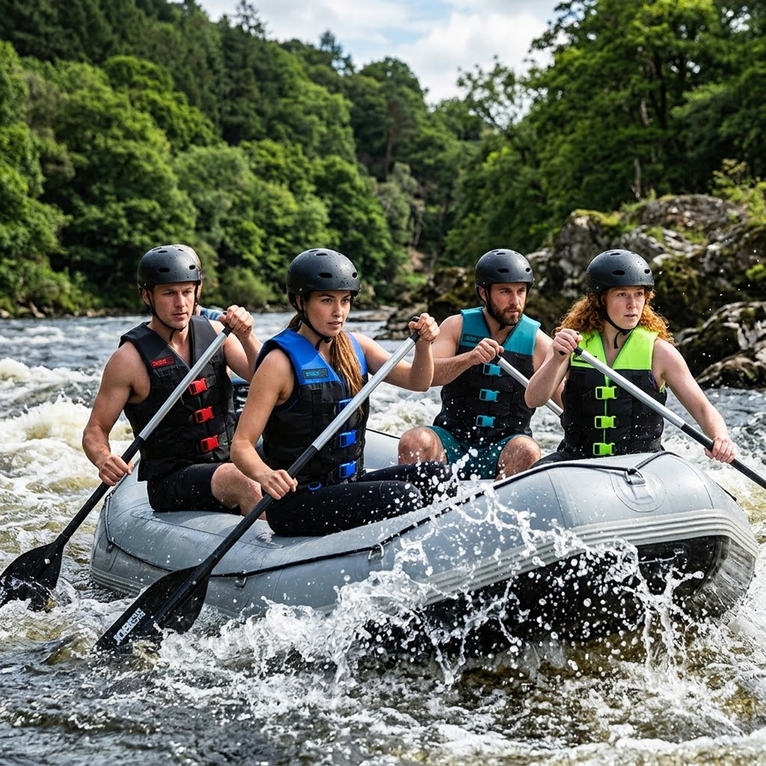 people with life jacket paddling boat through river 