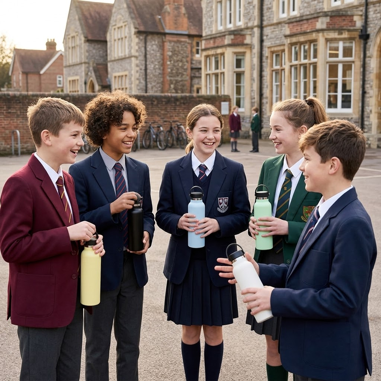 school kids holding water bottle 