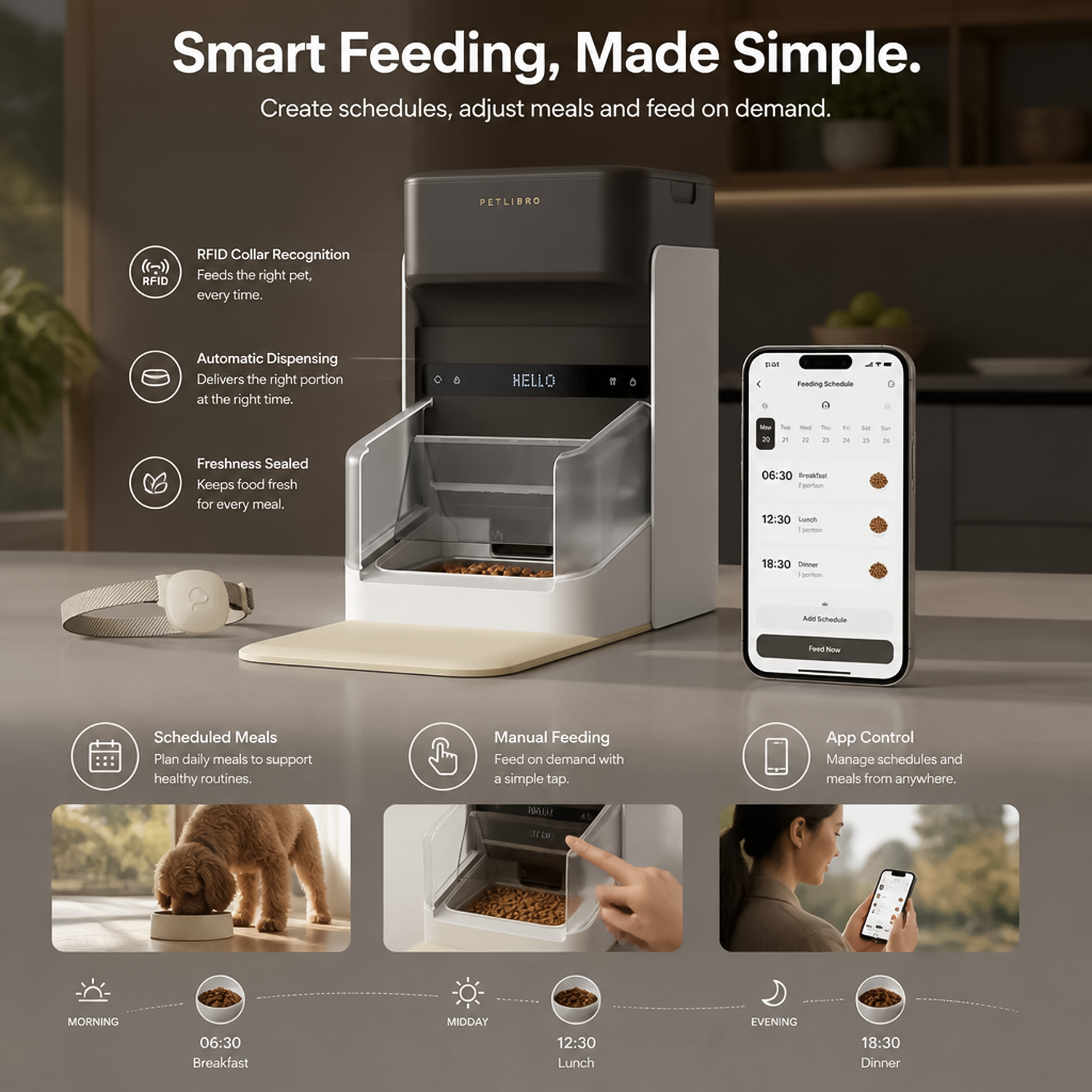 Smartphone app displaying automated feeding schedule next to microchip smart automatic cat feeder