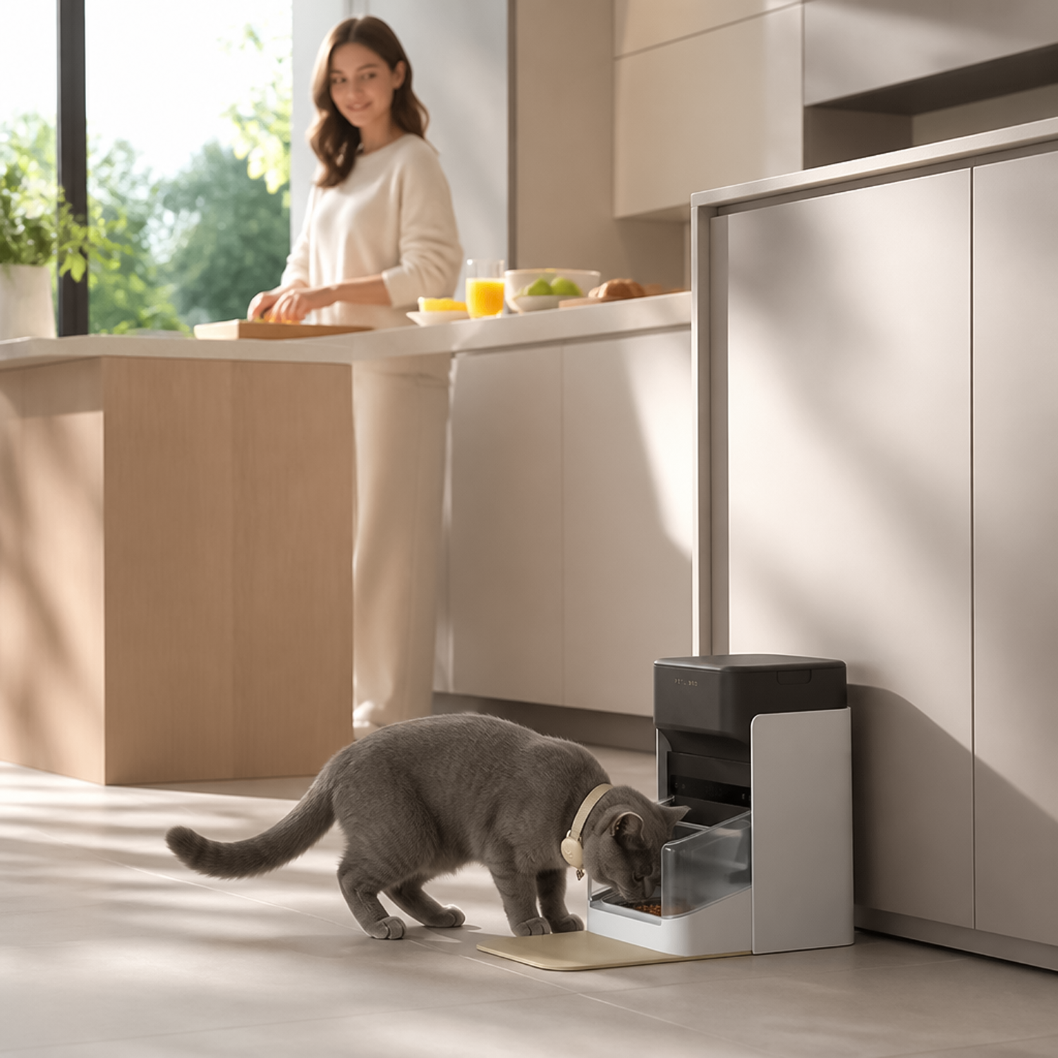 Cat dining comfortably from stainless steel bowl inside modern kitchen while owner prepares breakfast
