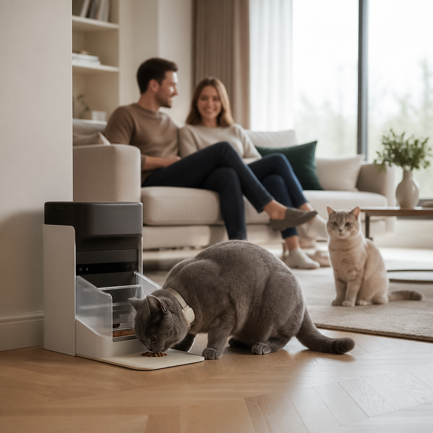 Couple relaxing on living room sofa as one cat feeds peacefully without meal competition