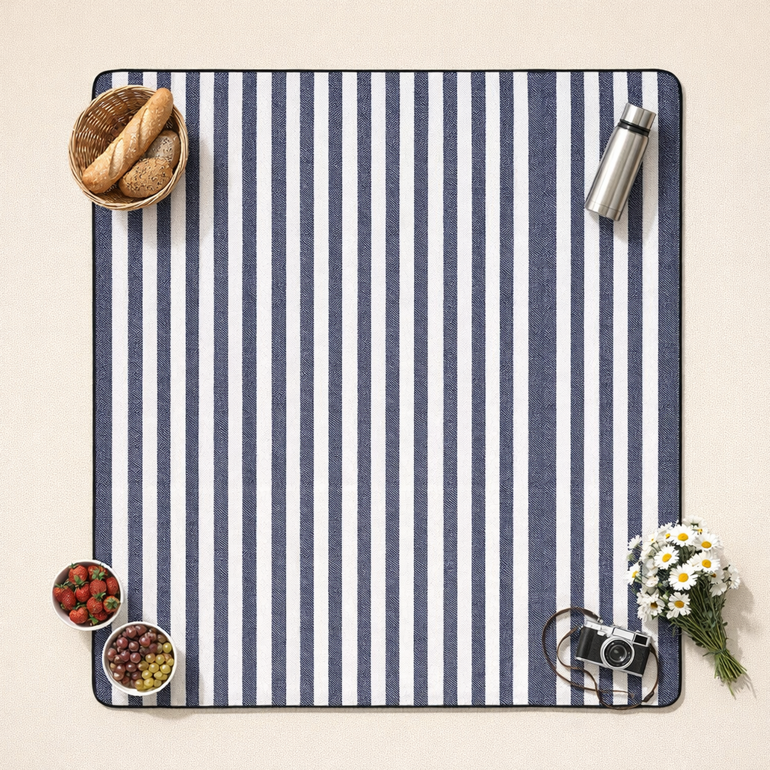 waterproof picnic blanket blue thick stripes full view 