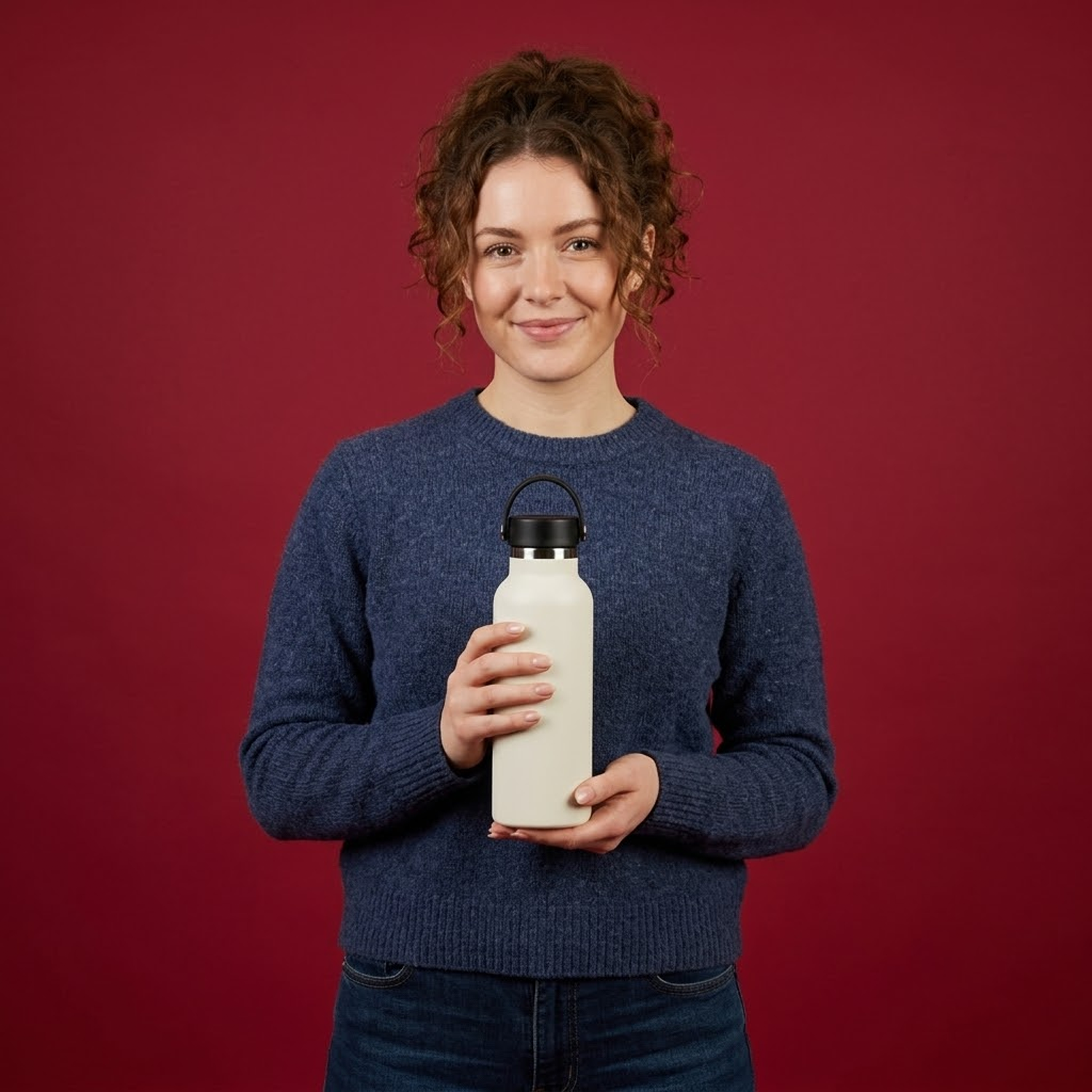 woman holding white colored bottle in  dark red background