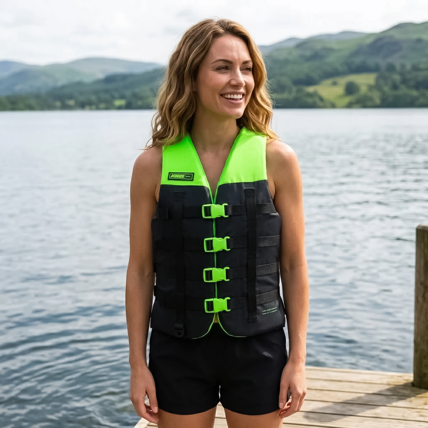woman wearing lime green life jacket besides river standing on a dock