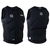 Front and back view of black wakeboard impact protection vest showing segmented foam padding